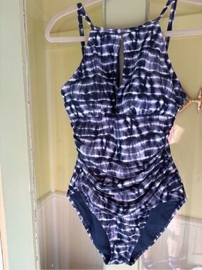 Ellen Tracy Size 10 Navy Blue & White Halter One-Piece Swimsuit